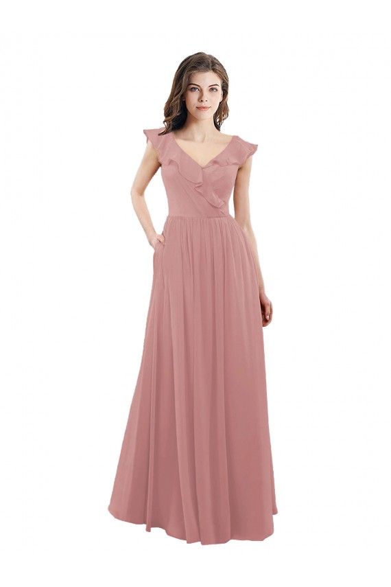 V-Back Dusty Pink A-Line V-Neck Long Bridesmaid Dress York