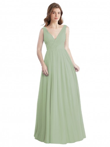 V-Back Smoke Green A-Line V-Neck Long Formal Dress / Bridesmaid Dress York