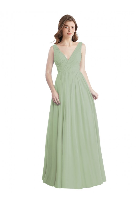 V-Back Smoke Green A-Line V-Neck Long Formal Dress / Bridesmaid Dress York