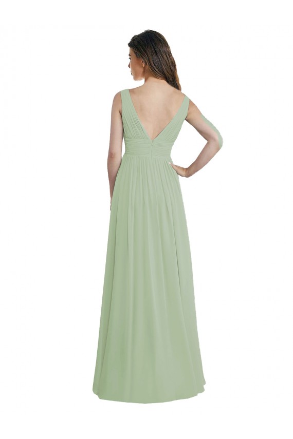 V-Back Smoke Green A-Line V-Neck Long Formal Dress / Bridesmaid Dress York