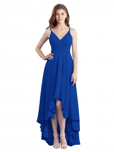 Open Back Royal Blue A-Line Spaghetti Straps Long High Low Bridesmaid Dress York