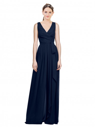 Dark Navy A-Line V-Neck Long Wedding Party Dress York