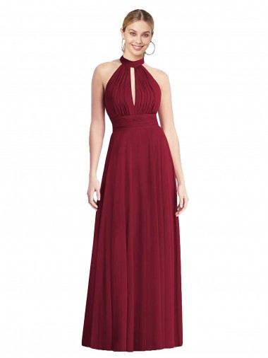 Open Back Burgundy A-Line High Neck Long Semi Formal Evening Dress / Bridesmaid Dress York