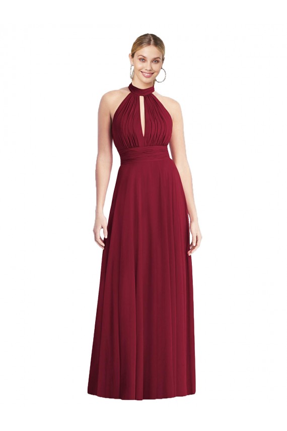 Open Back Burgundy A-Line High Neck Long Semi Formal Evening Dress / Bridesmaid Dress York
