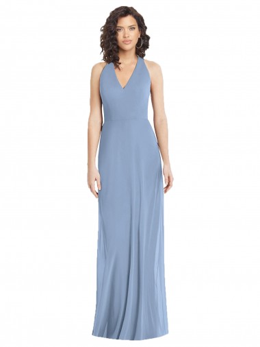 Open Back Dusty Blue Trumpet V-Neck Long Formal Evening Gown / Bridesmaid Dress York
