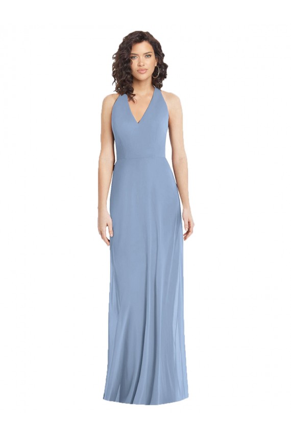 Open Back Dusty Blue Trumpet V-Neck Long Formal Evening Gown / Bridesmaid Dress York