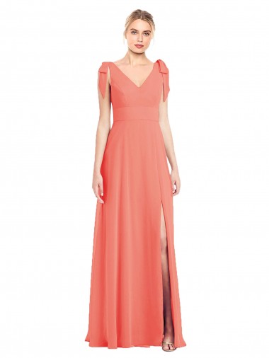 V-Back Coral Trumpet V-Neck Long Bridesmaid Dress York