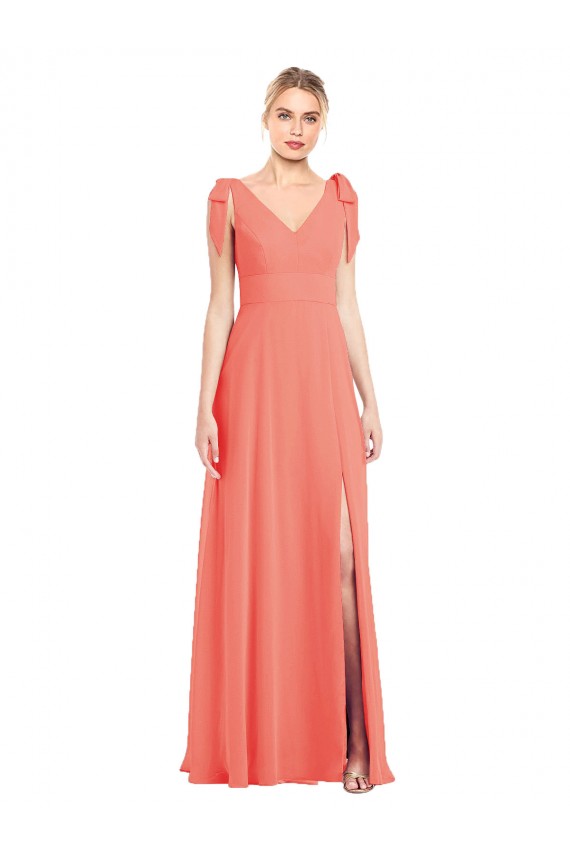 V-Back Coral Trumpet V-Neck Long Bridesmaid Dress York