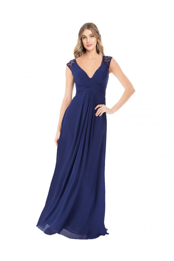 Keyhole Back Sapphire A-Line V-Neck Long Bridesmaid Dress York