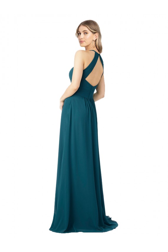 Keyhole Back Windsor Blue A-Line High Neck Long Bridesmaid Dress York