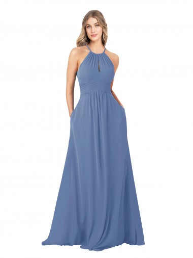 Keyhole Back Windsor Blue A-Line High Neck Long Bridesmaid Dress York
