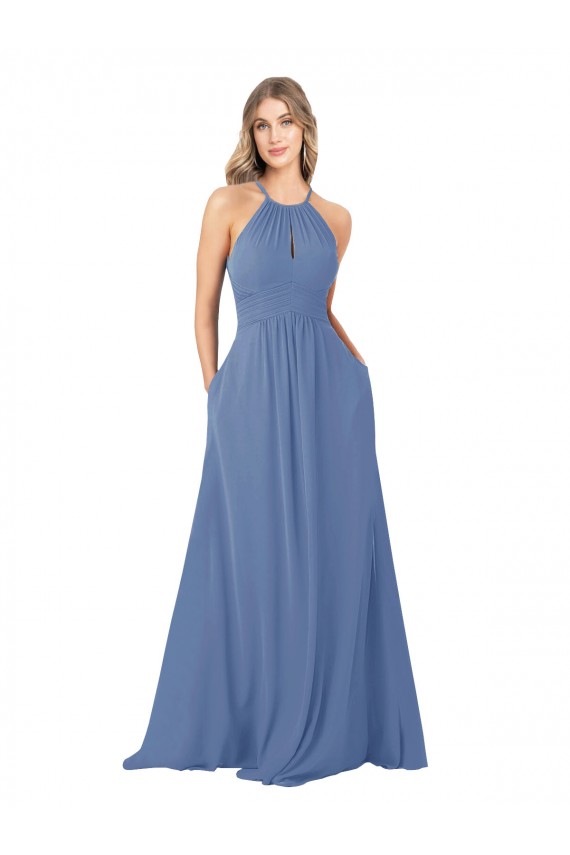 Keyhole Back Windsor Blue A-Line High Neck Long Bridesmaid Dress York