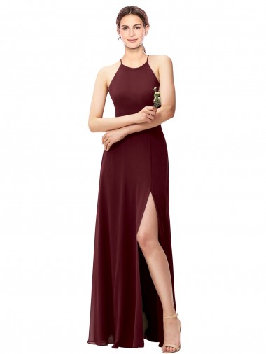 Open Back Burgundy Gold A-Line High Neck Long Bridesmaid Dress York