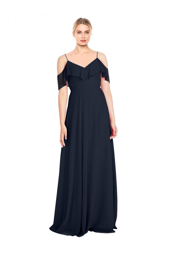 V-Back Dark Navy A-Line V-Neck Long Bridesmaid Dress York