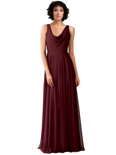 V-Back Burgundy Gold A-Line Cowl Neck Long Bridesmaid Dress York