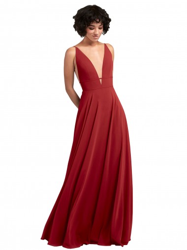 V-Back Red A-Line V-Neck Long Bridesmaid Dress York