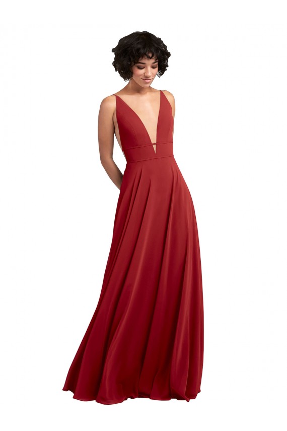V-Back Red A-Line V-Neck Long Bridesmaid Dress York