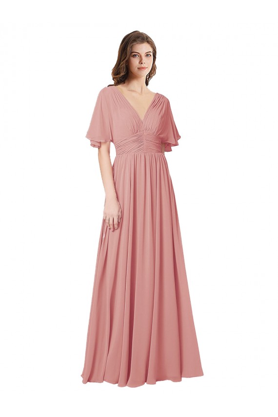 V-Back Bliss Pink A-Line V-Neck Long Bridesmaid Dress York