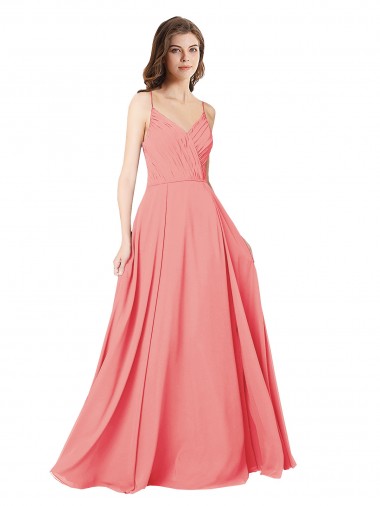 Open Back Watermelon A-Line V-Neck Long Bridesmaid Dress York