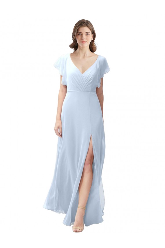 Open Back Light Sky Blue A-Line V-Neck Long Bridesmaid Dress / Formal Dress York