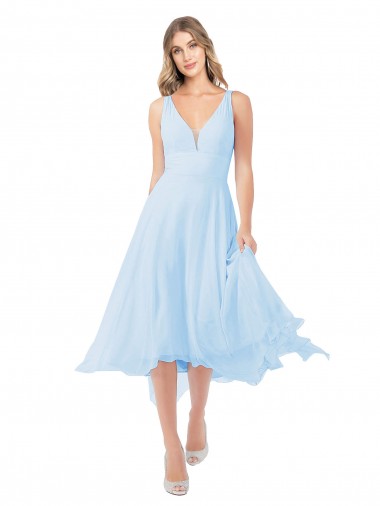 Keyhole Back Light Sky Blue A-Line V-Neck Midi Length Bridesmaid Dress York