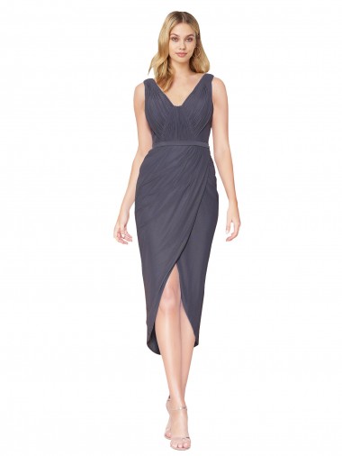 V-Back Slate Grey Mermaid High Neck Cocktail Length High Low Evening Gown / Prom Dress / Bridesmaid Dress York