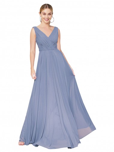 V-Back Dusty Blue A-Line High Neck Long Formal Evening Gown / Prom Dress / Bridesmaid Dress York