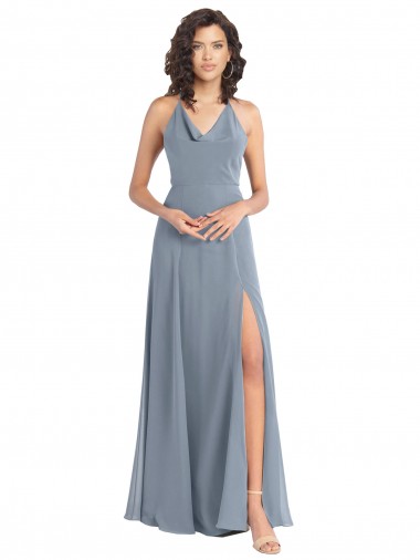 V-Back Dusty Blue A-Line Cowl Neck Long Bridesmaid Dress York