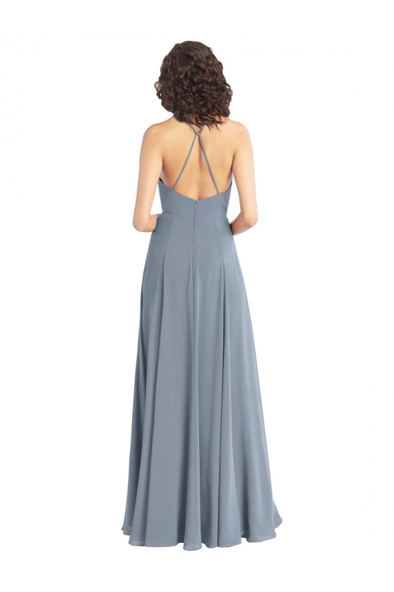 V-Back Dusty Blue A-Line Cowl Neck Long Bridesmaid Dress York