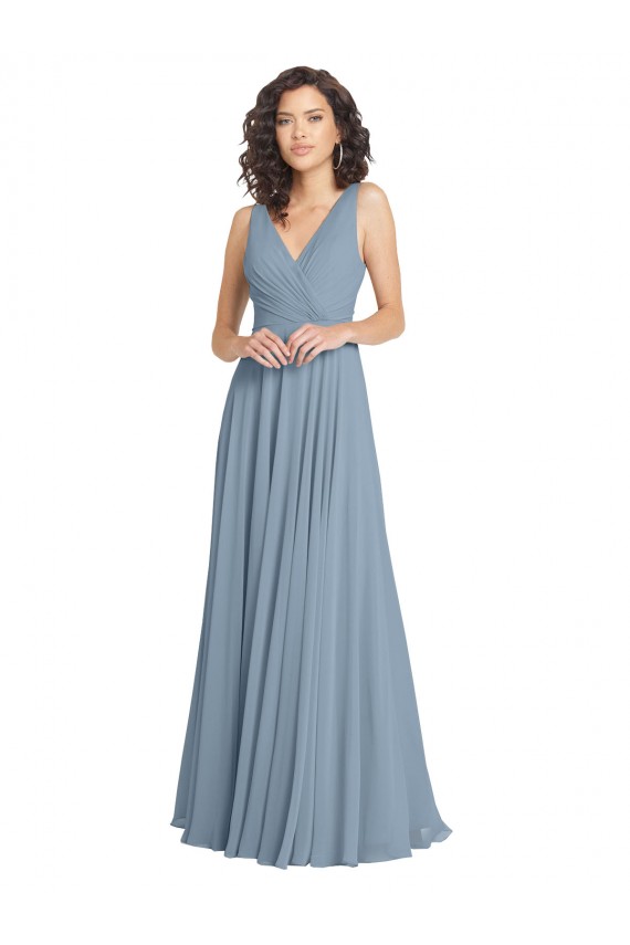 V-Back Dusty Blue A-Line V-Neck Long Bridesmaid Dress York