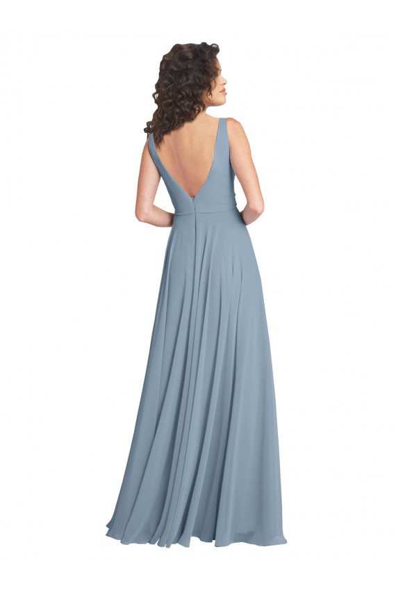 V-Back Dusty Blue A-Line V-Neck Long Bridesmaid Dress York