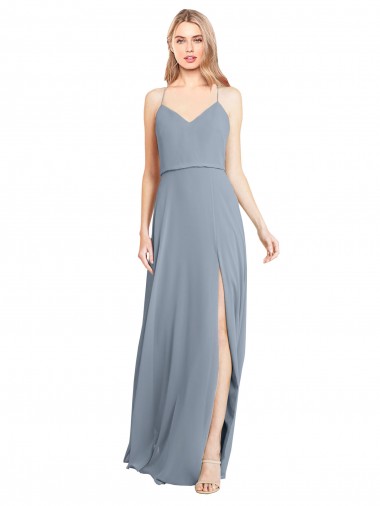 Open Back Dusty Blue A-Line V-Neck Long Bridesmaid Gowns York
