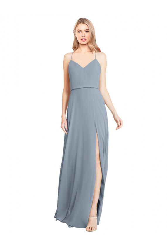 Open Back Dusty Blue A-Line V-Neck Long Bridesmaid Gowns York