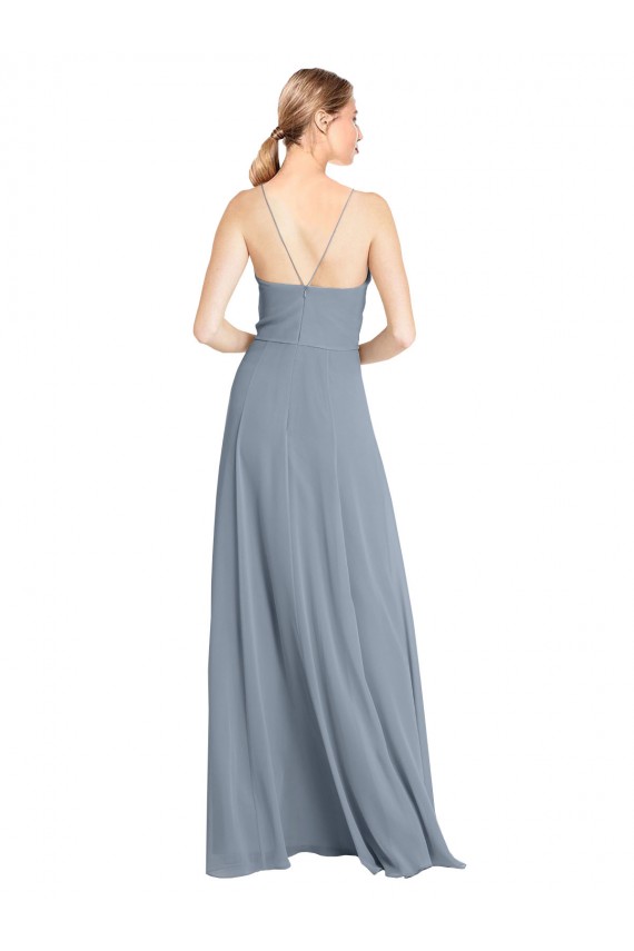 Open Back Dusty Blue A-Line V-Neck Long Bridesmaid Gowns York