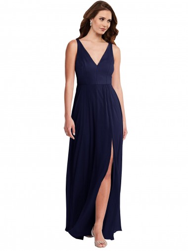 V-Back Dark Navy A-Line V-Neck Long Black Tie Evening Gown / Bridesmaid Dress York