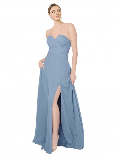 Low Back Dusty Blue A-Line Strapless Long Bridesmaid Dress / Evening Dress York