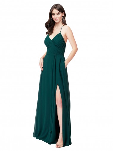 Open Back Hunter Green A-Line V-Neck Long Wedding Party Dress York