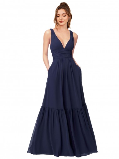 V-Back Dark Navy A-Line V-Neck Long Full Length Formal Dress / Bridesmaid Dress York