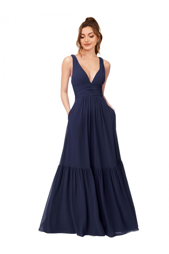 V-Back Dark Navy A-Line V-Neck Long Full Length Formal Dress / Bridesmaid Dress York