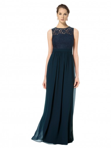 Keyhole Back Dark Navy A-Line Illusion Neck Long Bridesmaid Dress York