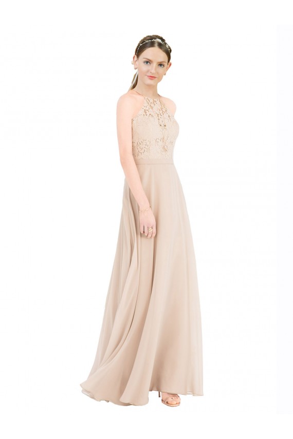 Keyhole Back Champagne A-Line High Neck Long Prom Dress / Bridesmaid Dress York