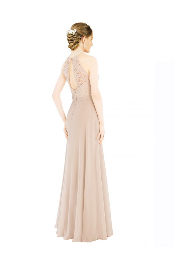 Keyhole Back Champagne A-Line High Neck Long Prom Dress / Bridesmaid Dress York