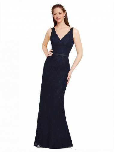 Open Back Dark Navy Sheath V-Neck Long Bridesmaid Dress York