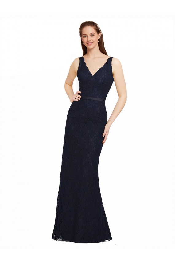 Open Back Dark Navy Sheath V-Neck Long Bridesmaid Dress York