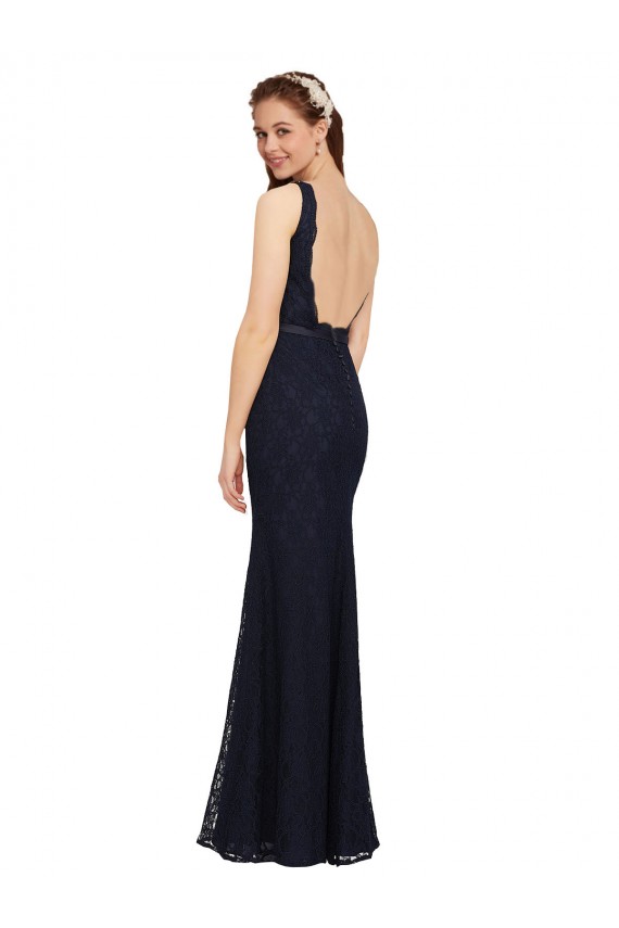 Open Back Dark Navy Sheath V-Neck Long Bridesmaid Dress York