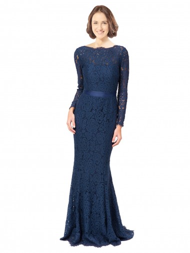 V-Back Dark Navy Mermaid, Sheath Jewel Neck Sweep Train Bridesmaid Dress York