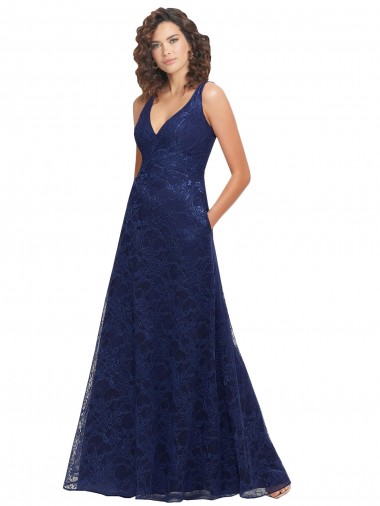 Low Back Dark Navy A-Line V-Neck Long Bridesmaid Dress York