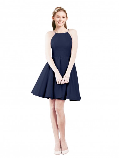 Open Back Dark Navy A-Line Halter Neck Knee Length Bridesmaid Gown York