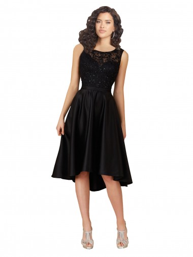 Black A-Line Illusion Neck Midi Length High Low Bridesmaid Dress York