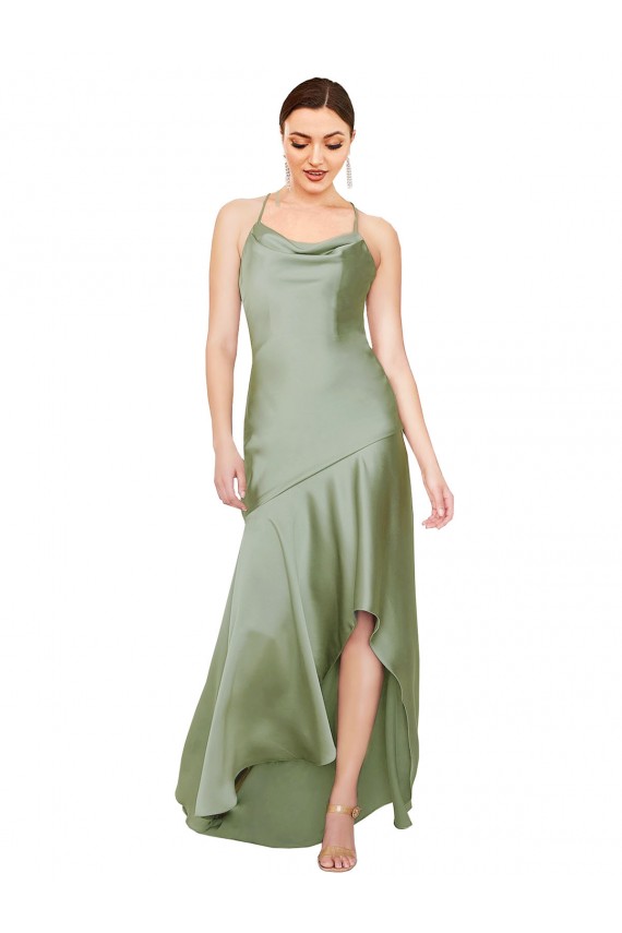 Open Back Smoke Green A-Line Cowl Neck Long High Low Evening Gown / Prom Dress / Bridesmaid Dress York